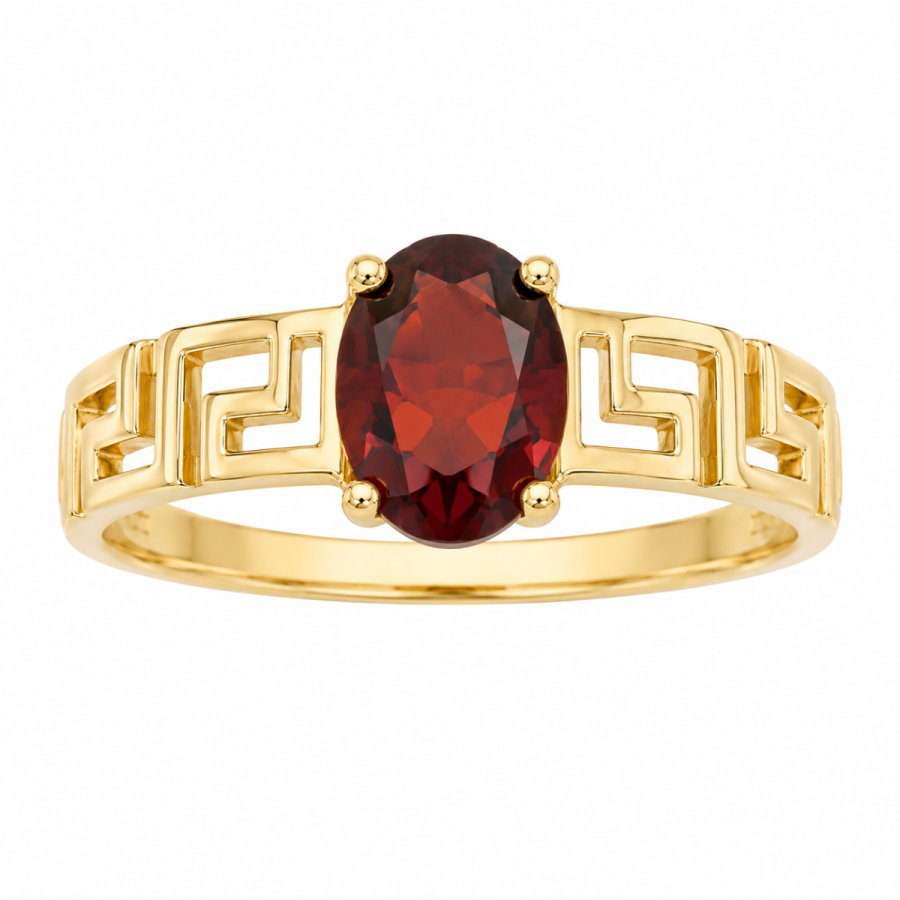 Gold Ring Greek-key Garnet Κ14