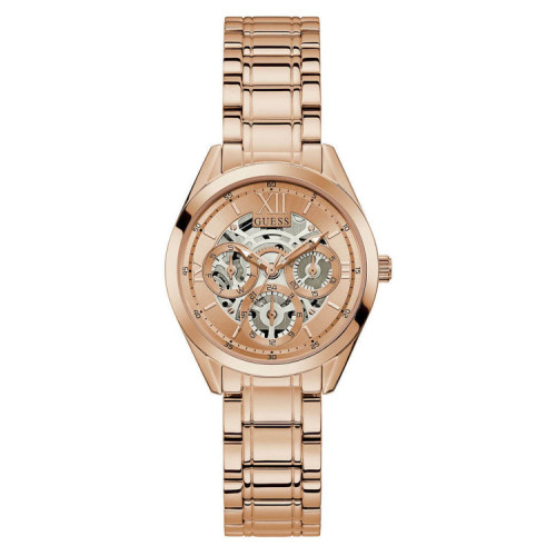 guess_roloi_clear_cut_chronografos_me_metalliko_mprasele_se_roz_chryso_chroma_gw0253l3